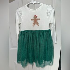 White and Green Kids Dress with Gingerbread Design